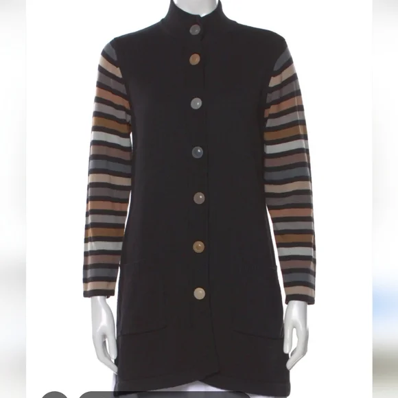 Bob Mackie Black Button Front Cardigan with Multicolor Trim - Picture 2 of 9